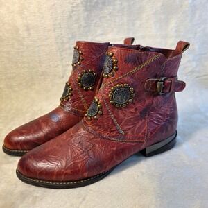 Spring Step L'Artiste Flash Ankle Boots Red Leather Studded Women EU 37 6